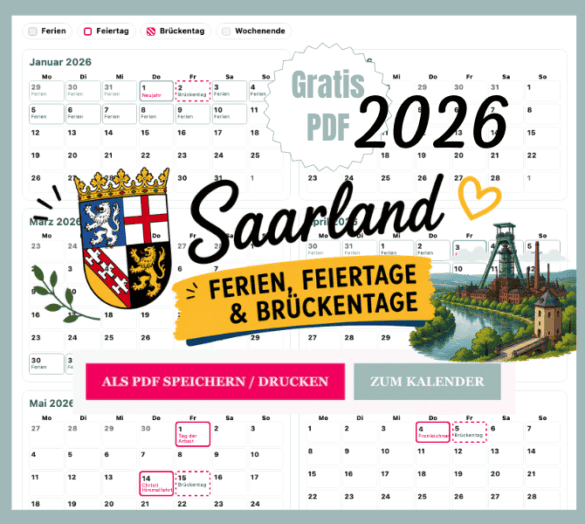SL Ferien in Saarland mit Kalender 2026 zum Ausdrucken als gratis PDF