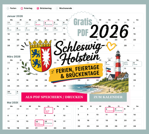 SH Ferien in Schleswig- Holstein mit Kalender 2026 zum Ausdrucken als gratis PDF