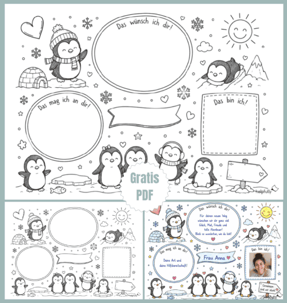 Pinguin-Klasse: Karte für Abschied oder Krankheit, Steckbrief Schüler Grundschule malen, basteln und beschriften