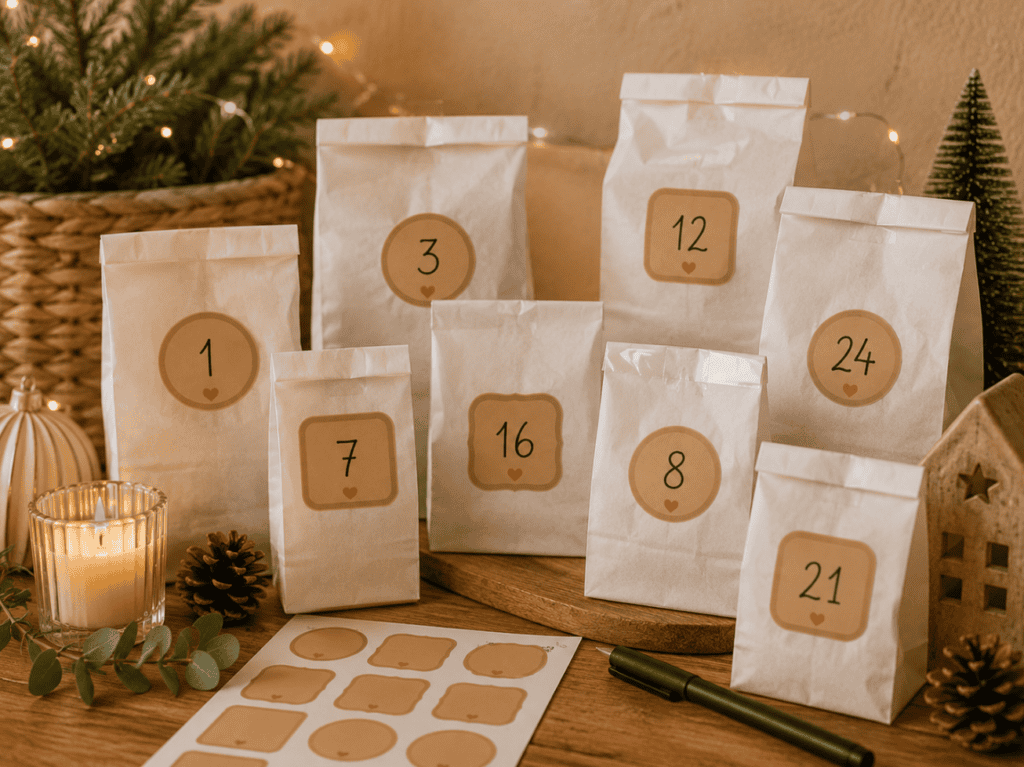 Etiketten im Naturlook zum Ausdrucken und Beschriften, hier als Adventskalender-Sticker