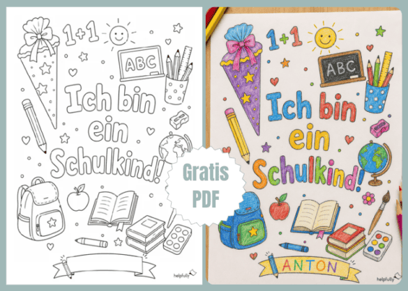 Ausmalbild zum Schulstart mit Schulmotiven und Schriftzug: Ich bin ein Schulkind!