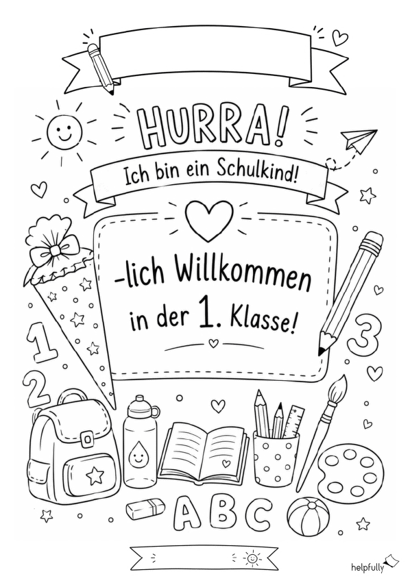 Erster Schultag: Vorlage für Grundschulkinder zum Ausmalen