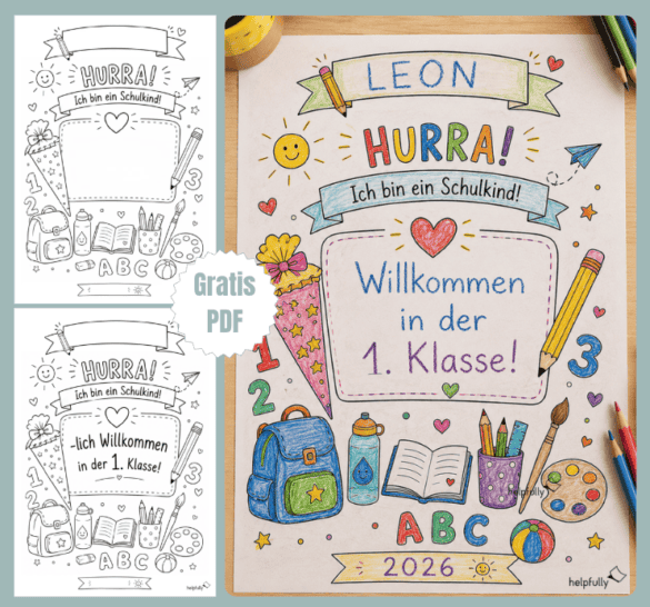 Gratis-Vorlage für den ersten Schultag zum Ausmalen und Ausfüllen zum Ausdrucken