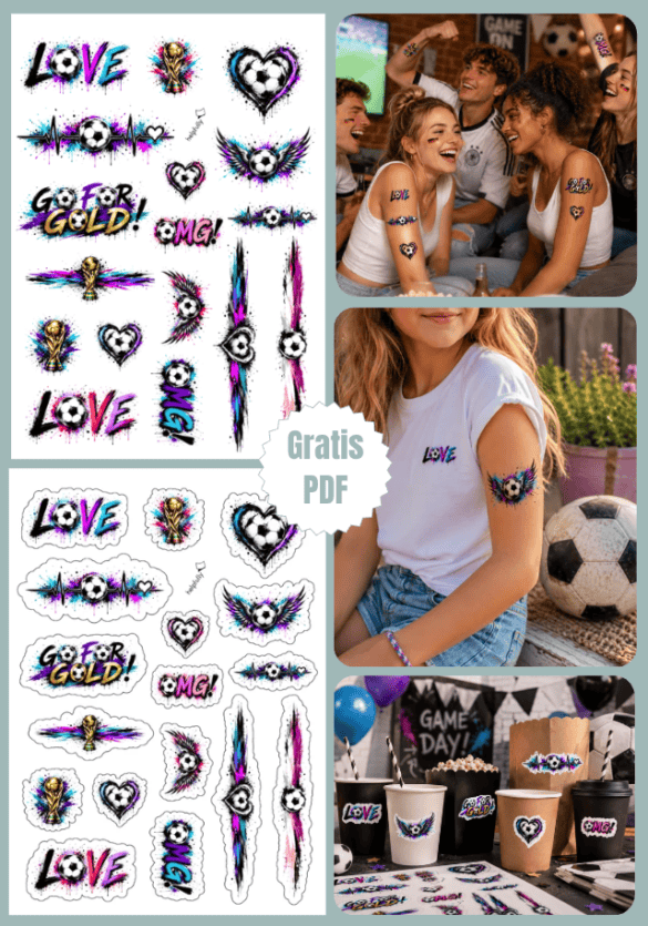 coole Fußball Sticker als gratis Vorlage zum Ausdrucken als Deko, Aufkleber, Bügelbild und Tattoos nutzbar