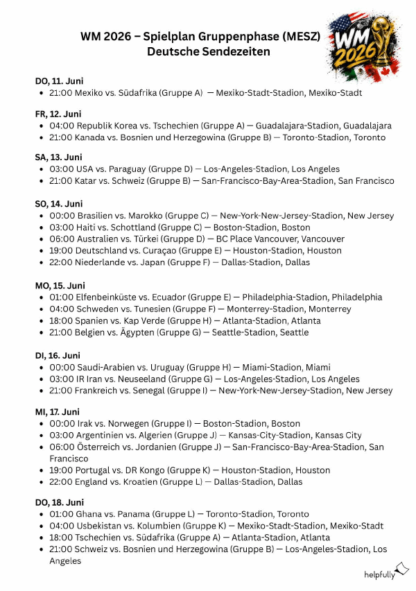 WM 2026 Gruppenphase - Spielplan zum Ausdrucken mit deutschen Sendezeiten