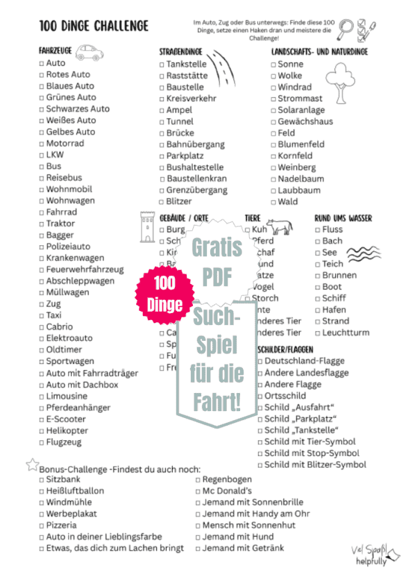 Das Suchspiel für untergwegs für Autofahrten, Zug- und Busreisen zum Ausdrucken mit 100 Dingen