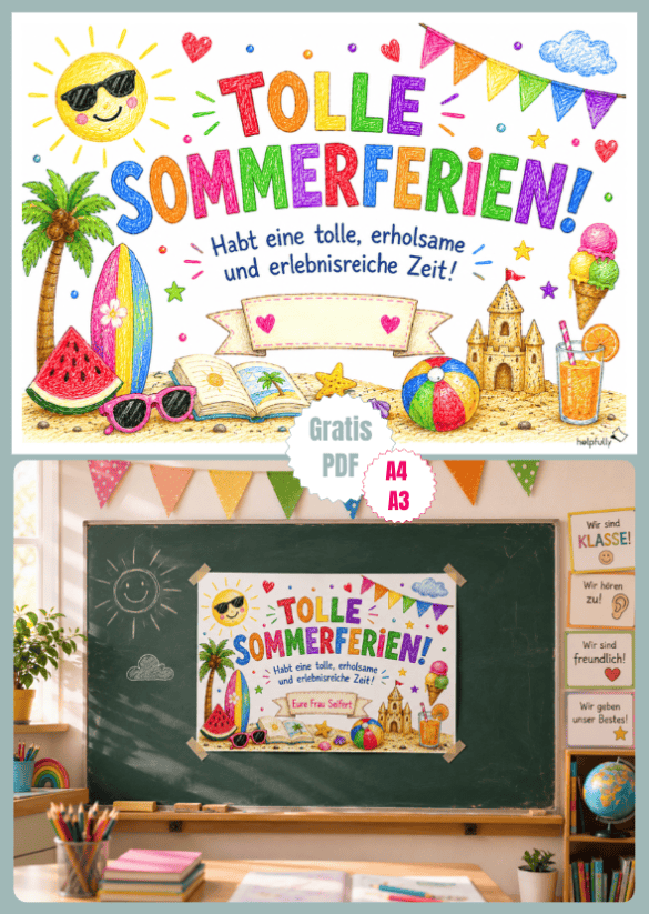 Tolle Sommerferien: Schild mit Schriftzug und schönen Sommermotiven zum Ausdrucken für Schule und mehr