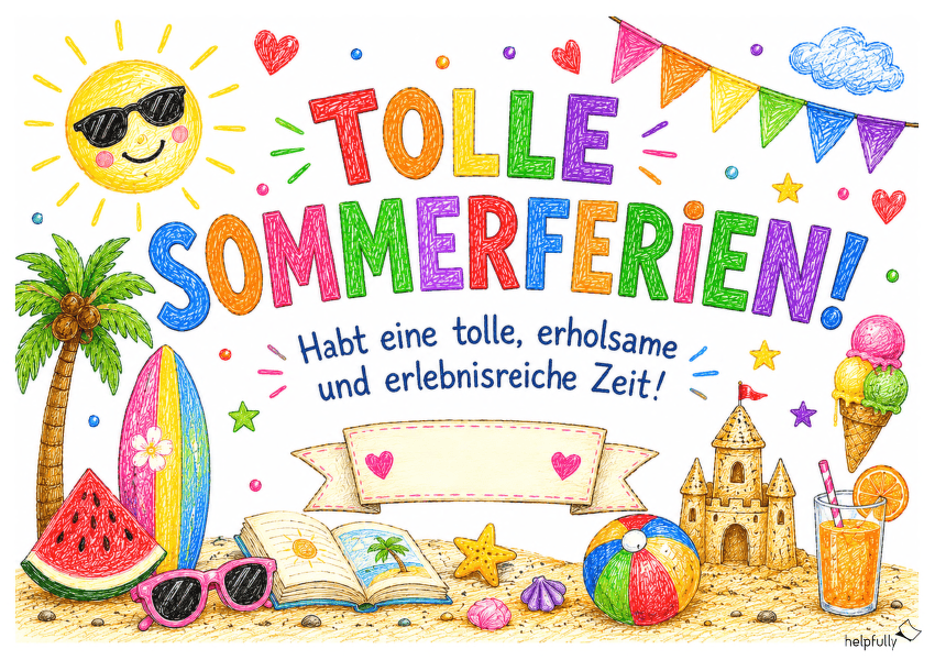 A4 und A3 Vorlage zum Ausdrucken mit Schriftzug "Tolle Sommerferien" für Schule und Co