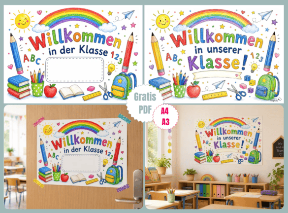 Schulanfang: Willkommensschilder für Grundschule ausdrucken, gratis als A3/A4