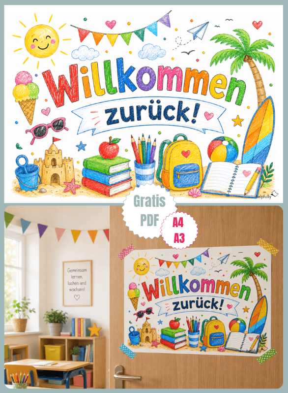In der Schule nach den Sommerferien: Buntes Schild mit Willkommen zurück! als A4 und A3 zum Ausdrucken