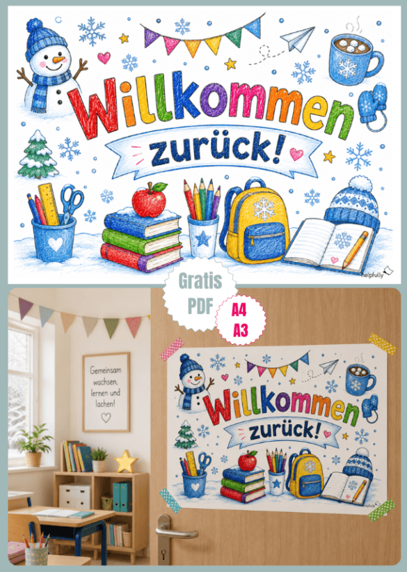 Willkommen zurück! Schild für die Schule nach den Winterferien zum Ausdrucken!
