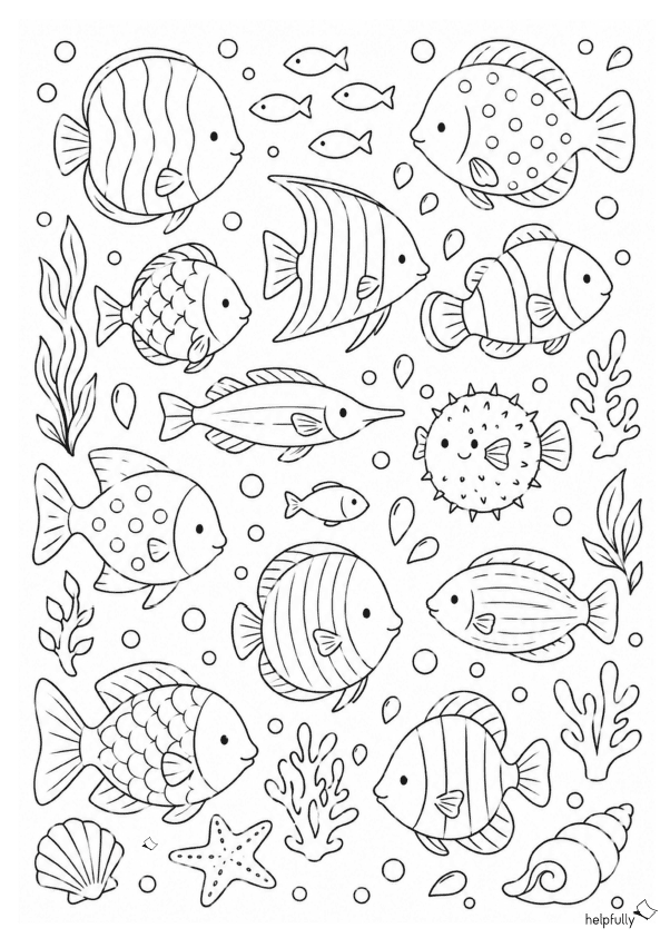 Ausmalbild mit vielen Fischen als gratis PDF zum Ausdrucken