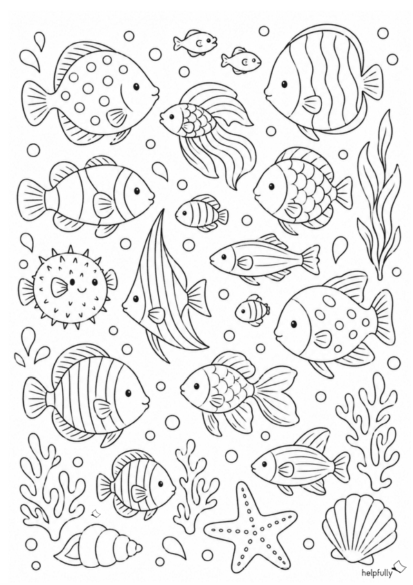 Malvorlage mit vielen Fischen als gratis PDF zum Ausdrucken