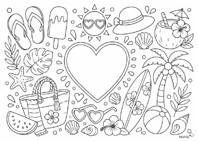 Ausmalbild Sommer-Liebe mit Herz und Sommermotiven