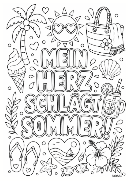 Ausmalbild Sommer-Liebe mit Schriftzug mein Herz schlägt Sommer
