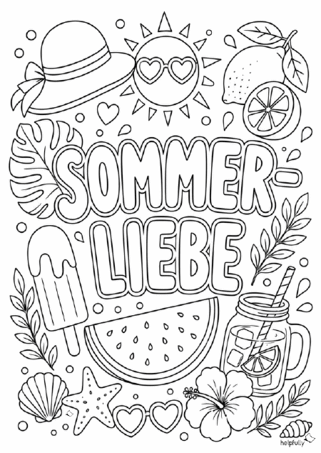 Ausmalbild Sommer-Liebe mit Schriftzug und Sommermotiven