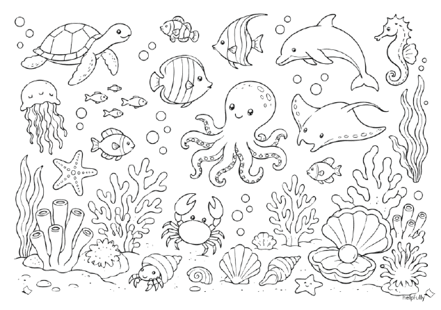 Meer-Ausmalbild mit einer tollen Unterwasserwelt zum Ausdrucken als gratis PDF