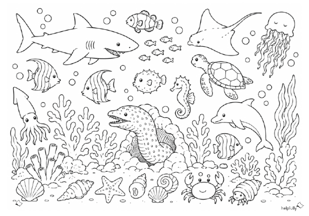 Auf der Meer-Malvorlage geht es unter Wasser tierisch ab!