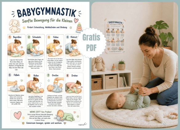 Plan mit Übungen für Babygymnastik, schön illustriert, zum Ausdrucken