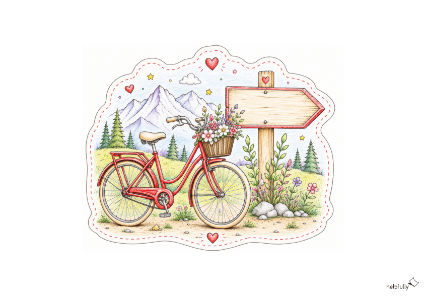 Fahrrad-Geschenk - Mit der ausdruckbaren DIY-Vorlage mit rotem Fahrrad vor Bergen