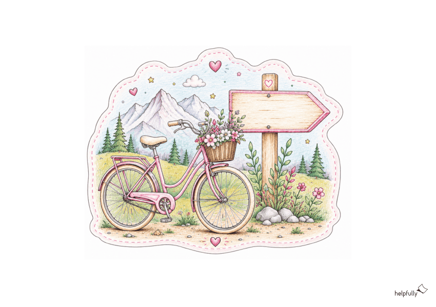 Fahrrad-Geschenk basteln: Mit der ausdruckbaren Vorlage mit rosa Fahrrad vor Bergen
