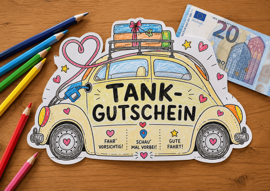Tolle Bastelvorlage mit Auto zum Gestalten eines Tankgutscheins!