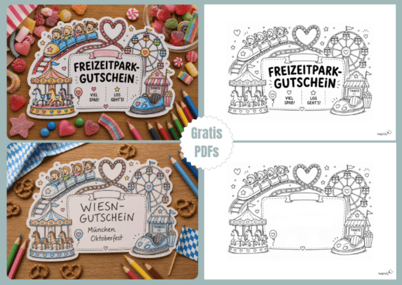 Tolle Bastelvorlage mit Achterbahn und mehr zum Gestalten eines Freizeitpark-Gutscheins!
