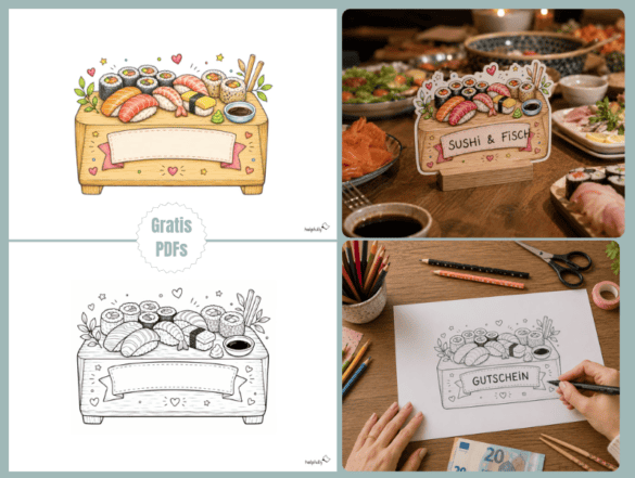 Sushi-Bastelvorlagen zum Ausdrucken und Beschriften als gratis PDF