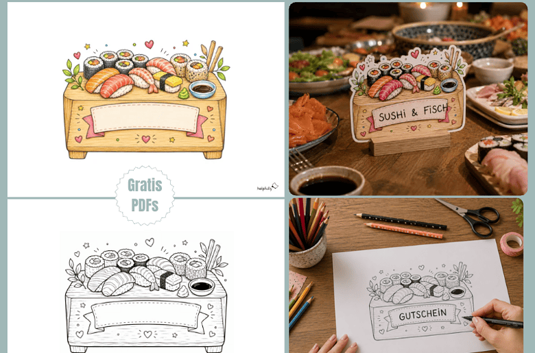 Sushi-Bastelvorlagen zum Ausdrucken und Beschriften als gratis PDF