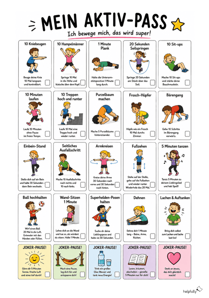 Bewegungsübungen als Plan für Kinder zum Ausdrucken, gratis Vorlagen mit Übungen