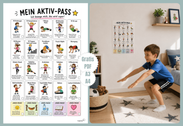 Bewegungsübungen als Plan mit Bildern zum Ausdrucken, mit vielen Übungen für Kinder