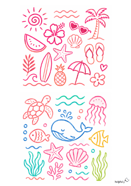 Strand und Meer: Knallige Sommermotive im Happy-Marker-Style zum Ausdrucken, Basteln und Dekorieren