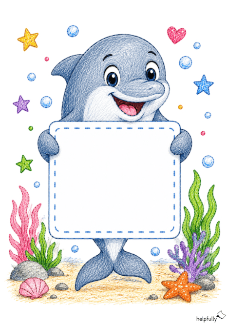 A4-Vorlage mit Delfin, der ein Schild zum Beschriften in den Flossen hält