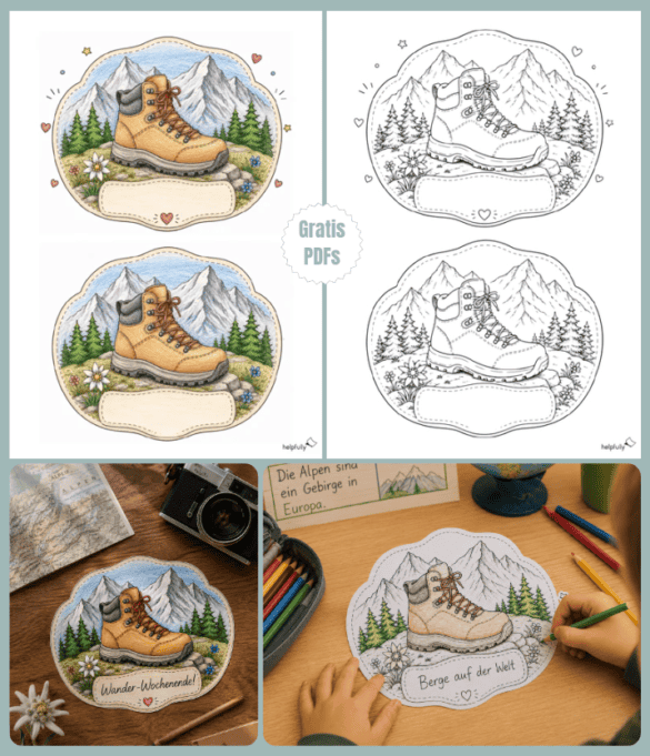 Tolle DIY-Vorlage "Wandern" in Form von Bergen und Bergschuh zum Ausdrucken, Basteln und Gestalten von Geschenken, Karten und Co
