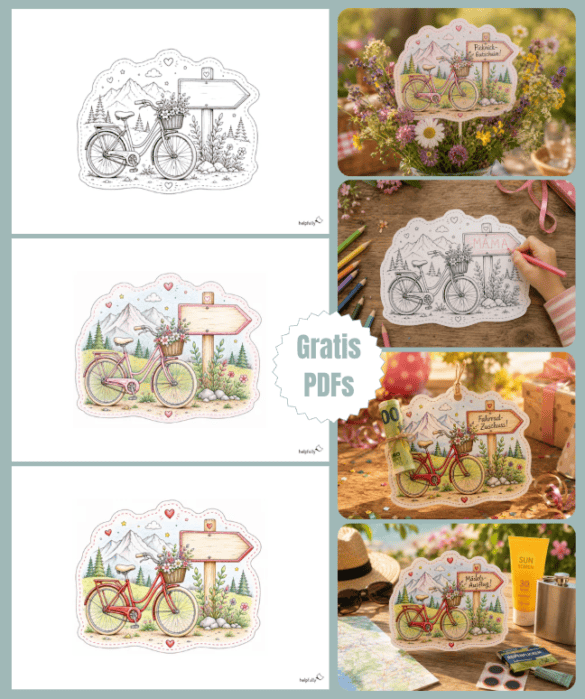 Schöne DIY-Vorlagen mit Damenfahrrad vor Bergen - zum Basteln von Geschenkkarten und Gutscheinen!