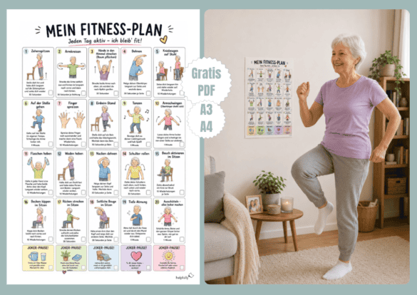 Gymnastikübungen für Senioren als Plan zum Ausdrucken, gratis PDF A3 und A4