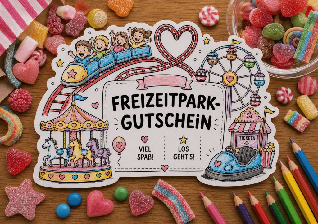 Tolle Idee zum Verschenken von Zeit: Freizeitpark-Gutschein basteln, hier angemalt!