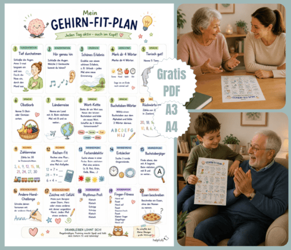 Plan mit 20 Übungen zum Gedächtnistraining zum Ausdrucken "Mein Gehirn-Fit-Plan"