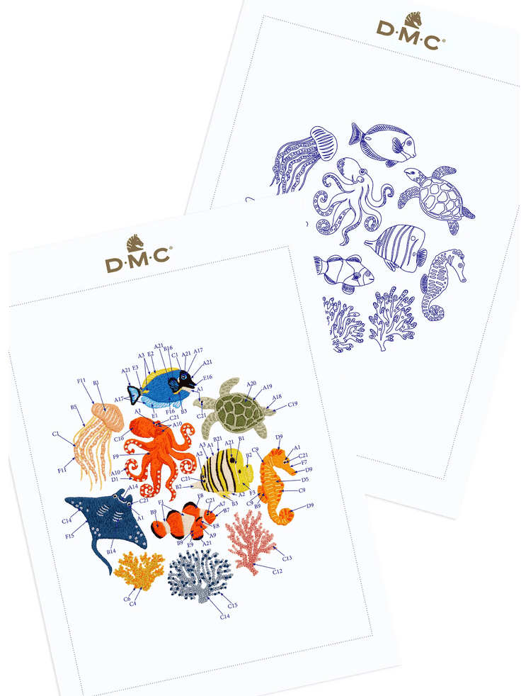 Stickmuster mit kurzer Anleitung für Fische und Meerestiere von DMC zum Ausdrucken