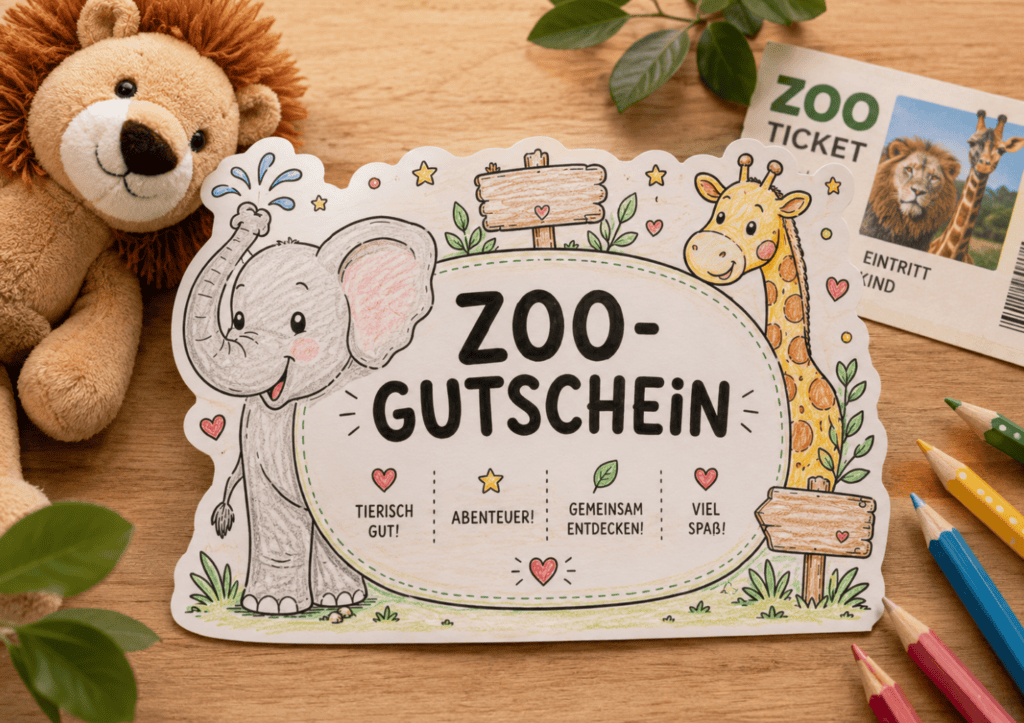 Gutschein für den Zoo basteln - mit der kostenlosen Vorlage zum Ausdrucken und Ausmalen