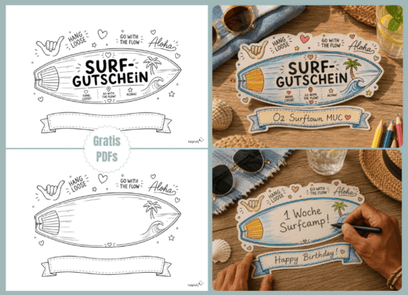 Coole Bastelvorlagen für Gutscheine und Geschenke in Form von Surfboards zum Ausdrucken