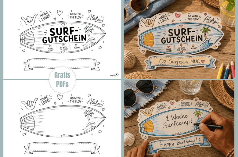 Coole Bastelvorlagen für Gutscheine und Geschenke in Form von Surfboards zum Ausdrucken