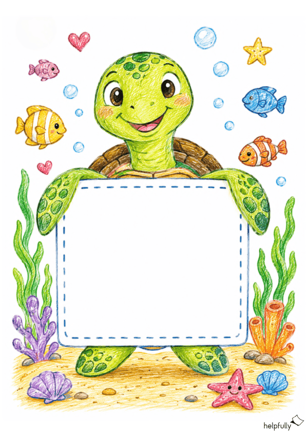 A4-Schild mit Meeresschildkröte im Buntstiftstyle als Klassentier, Türschild und mehr DIYs