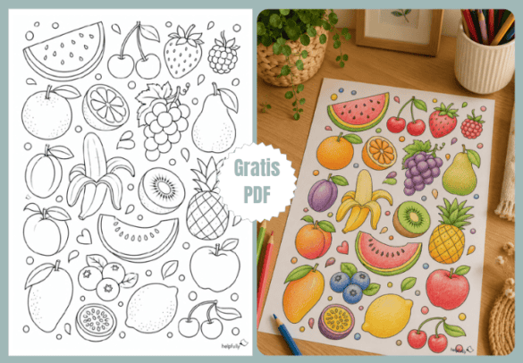 Ausmalbild mit vielen Obstsorten zum Ausdrucken