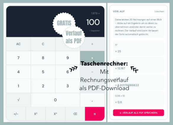 Online Taschenrechner nutzen und Werte berechnen lassen inkl. Rechenverlauf und PDF-Ausdruck