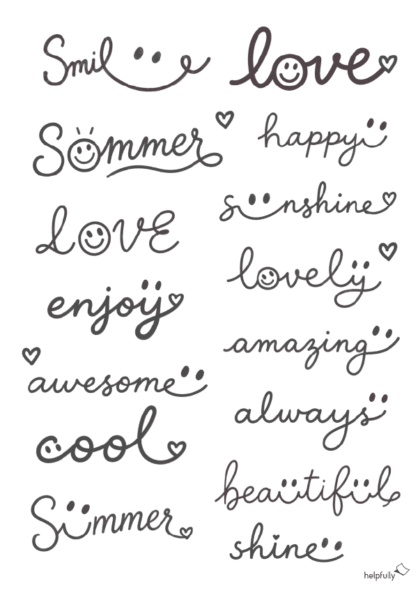 Schrifzüge mit positiven Wörtern ud Smileys zum Ausdrucken in schwarzer Schrift