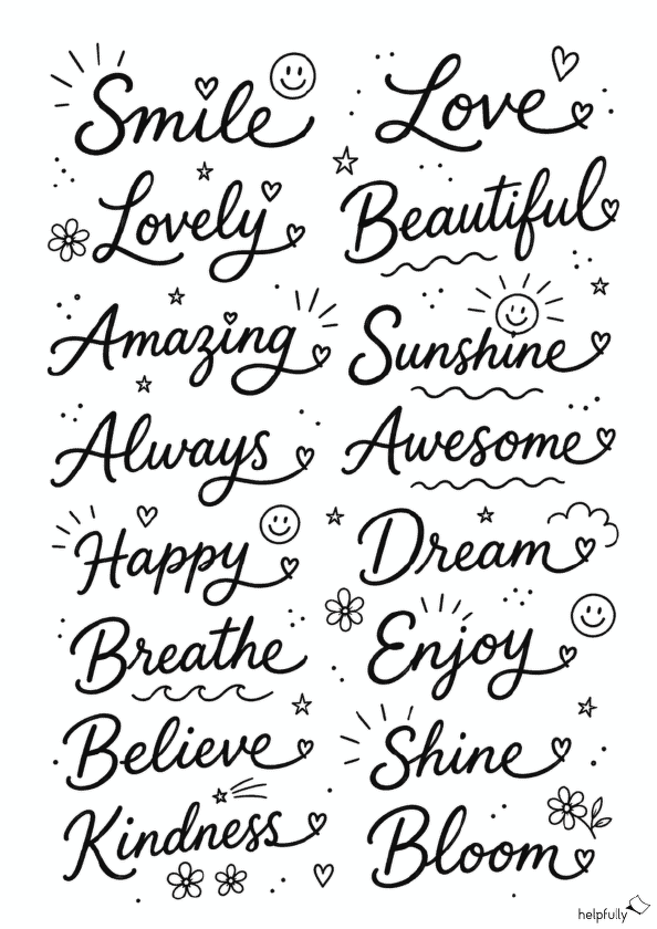 Schrifzüge zum Ausdrucken, Basteln und Handlettering-DIYs mit positiven, englischen Wörter