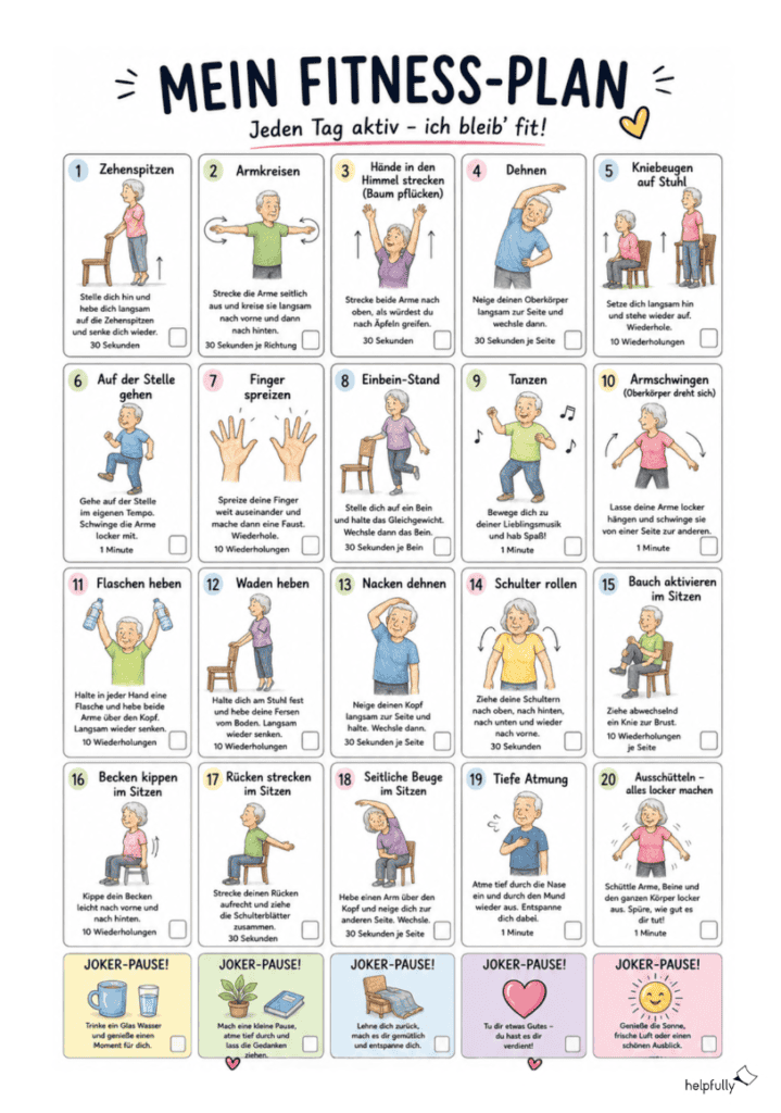 Fitnessplan für Senioren mit Gymnastikübungen zum Ausdrucken, gratis PDF A3 und A4