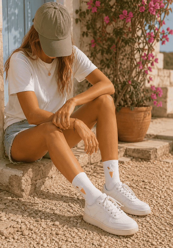 Bestickte Sommersocken mit Eismotiven an Frau, tolle Stickidee für den Sommer