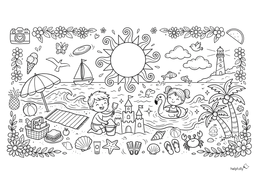 Ausmalbild für Kinder mit Sommermotiven zum Ausdrucken als gratis Vorlage